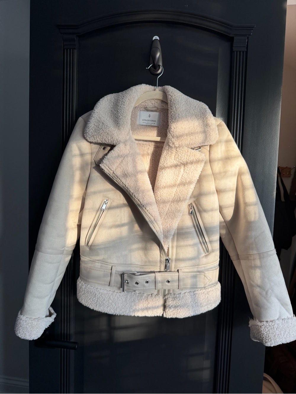 stradivarius Cream Teddy Sherpa Moto Jacket